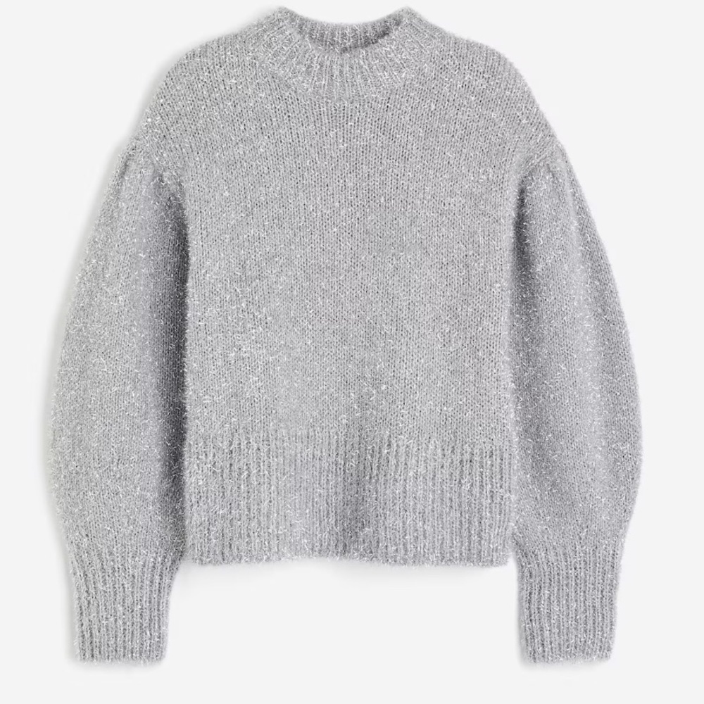 H&M Silver metallic mock neck balloon sleeves sweater Size S
